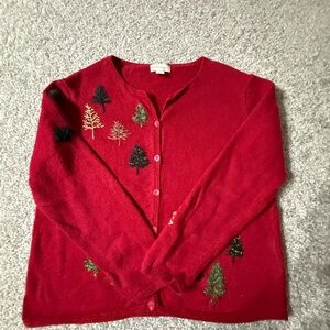 Vintage Northern Isles Red Christmas Cardigan – Beaded & Embroidered Trees  XL